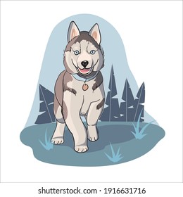 Husky dog stands on the ground in winter colors.The image can be used as an illustration for children's books, clothing,print,pet shops, goods, veterinary clinics. Outline and colorful.