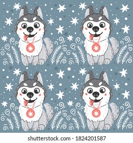 Husky dog with stars and decoration ball. Seamless vector pattern with hand drawn digital illustrations with Christmas theme