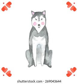 Husky dog. sweet dog girl. sitting animal. vector set. watercolor illustration with dog and heart 