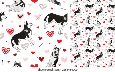 Husky dog Valentine's day heart wallpaper. Love doodles fun hearts with pets holiday texture. square background, repeatable pattern. St Valentine's day wallpaper, valentine present, print tiles.