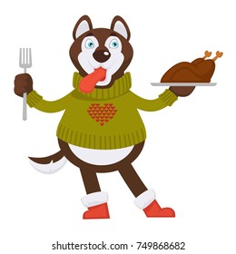 Husky dog in warm sweater holds plate with fried chicken