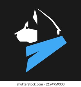 Husky dog wearing blue bandana in profile portrait symbol on black backdrop. Design element