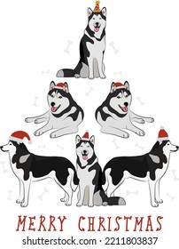 Husky dogs wearing winter hats. Cute funny dogs. Character design. Abstract Christmas tree. Vector illustration. Merry Christmas greeting card with the cute funny dog holiday poster.