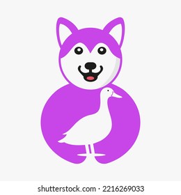 Husky Duck Logo Negative Space Concept Vector Template. Husky Holding Duck Symbol