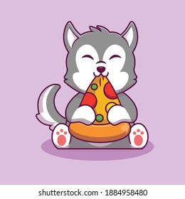 husky eat pizza cartoon illustration