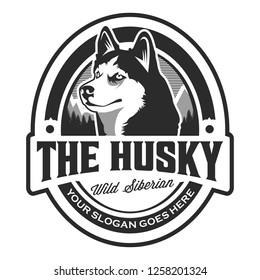 The Husky emblem logo - emblem logo of siberian husky , Husky and mountain vector illustration monocrome