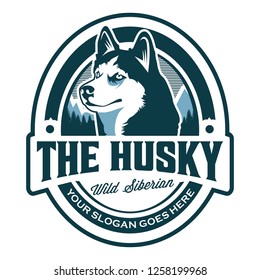 The Husky emblem logo Template - emblem logo of siberian husky - Husky and mountain vector illustration