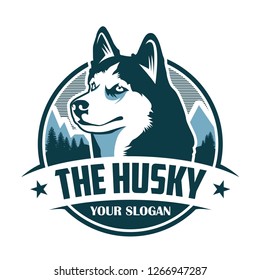 The Husky emblem logo Template - emblem logo of siberian husky - Husky and mountain vector illustration