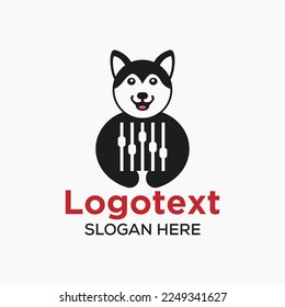 Husky Equalizer Logo Negative Space Concept Vector Template. Husky Holding Equalizer Symbol