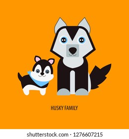 Husky family. Mother and baby. Cute dog and puppy. Yellow background. Flat design