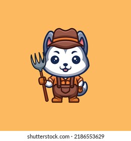 Husky Farmer Cute Creative Kawaii Cartoon Mascot Logo