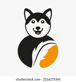 Plantilla de vectores de concepto de espacio negativo con el logotipo de plumas Husky. Símbolo de plumas Husky Holding