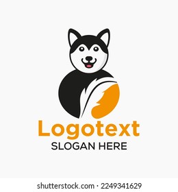 Husky Feather Logo Negative Space Concept Vektorvorlage. Husky Holding Fether Symbol