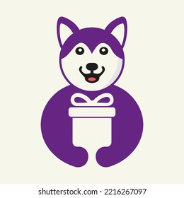 Husky Gift Logo Negative Space Concept Vector Template. Husky Holding Gift Box Symbol