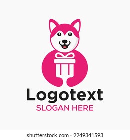Husky Gift Logo Negative Space Concept Vector Template. Husky Holding Gift Box Symbol