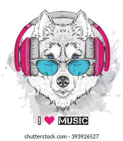 Husky in glasses and headphones. Vector illustration.