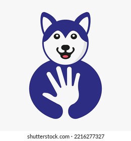 Plantilla de vectores de concepto de espacio negativo con logotipo de mano Husky. Símbolo de mano de Husky Holding