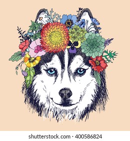 Husky hippie and flowers. Dog portrait in the style of boho. Fashion vector illustration for your blog, logo and other design.