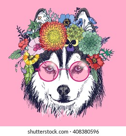 Husky hippie and flowers. Dog portrait in the pink sunglasess. Fashion vector illustration for your blog, logo and other design.
