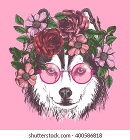 Husky hippie glasses and a wreath. Dog portrait in the style of boho. Fashion vector illustration for your blog, logo and other design.