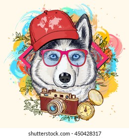 Husky hipster art print hand drawn animal illustration 