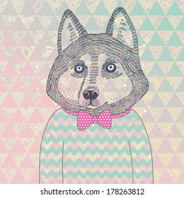 Husky hipster dog. Concept cartoon illustration in modern colors. Cute dog on seamless pattern. Childish card in vector. 