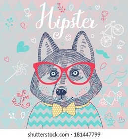 Husky hipster dog in glasses. Concept cartoon illustration in modern colors. Cute dog on seamless pattern. Childish card in vector.