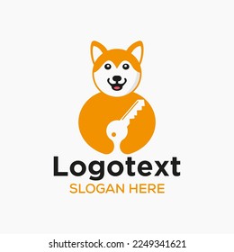 Husky Key Logo Negative Space Concept Vector Template. Husky Holding Key Symbol