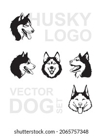 Husky logo. Vector dog set. Wolf emblem. Dog character collection. Siberian husky in profile and full face. Stickers of wolf.