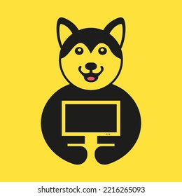 Husky Monitor Logo Negative Space Concept Vector Template. Husky Holding Monitor Symbol