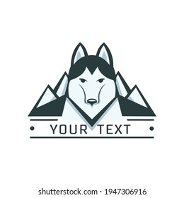 Husky with mountains, stylized image. Vector logotype