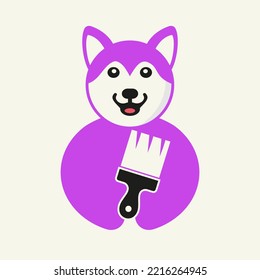 Husky Paint Logo Negative Space Concept Vektorvorlage. Husky Holding Paint Brush Symbol