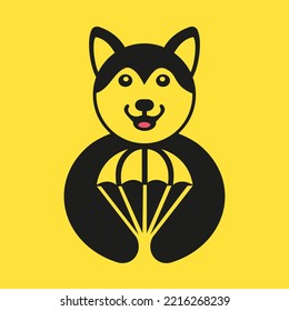 Husky Parachute Logo Negative Space Concept Vector Template. Husky Holding Parachute Symbol