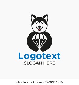 Husky Parachute Logo Negative Space Concept Vector Template. Husky Holding Parachute Symbol