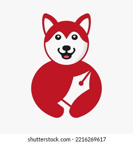 Husky Pen Nib Logo Negative Space Concept Vector Template. Husky Holding Pen Nib Symbol