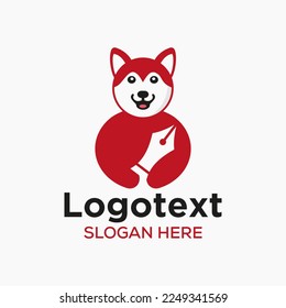 Husky Pen Nib Logo Negative Space Concept Vector Template. Husky Holding Pen Nib Symbol