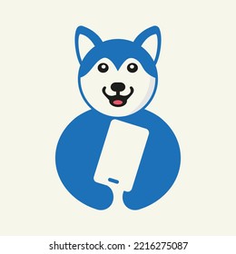Husky Phone Logo Negative Space Concept Vector Template. Husky Holding Phone Symbol