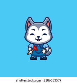 Husky Plumber Cute Creative Kawaii Cartoon Mascot Logo