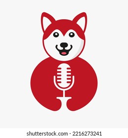 Husky Podcast Logo Negative Space Concept Vector Template. Husky Holding Microphone Symbol