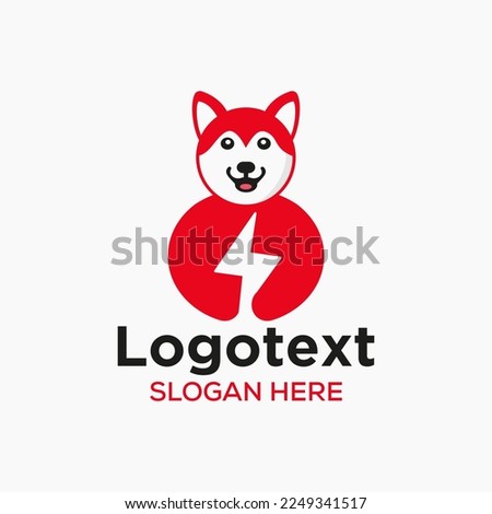 Husky Power Logo Negative Space Concept Vector Template. Husky Holding Bolt Symbol