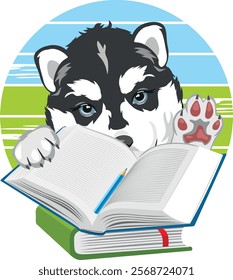 Husky puppy dog love to read books. Vector