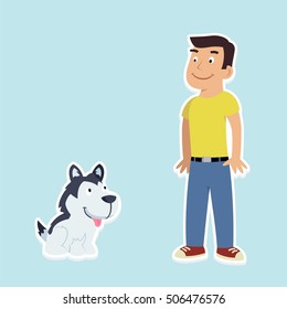 Husky Puppy and Man Illustration Vector Graphic 