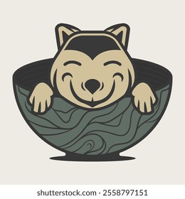 Husky puppy playing in a green bowl in cartoon illustration
