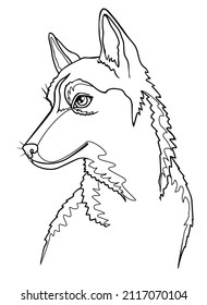 Husky puppy, small dog portrait - vector linear picture for coloring book, logo or pictogram. Young Husky dog. Outline