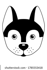 Husky puppy - vector black and white illustration. Dog's Head - cute picture, childish, smile. Husky dog for logo or sign