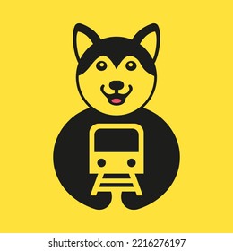 Husky Railway Logo Negative Space Concept Vector Template. Husky Holding Train Symbol