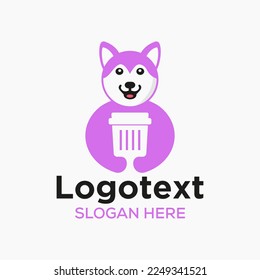 Husky Recycle Bin Logo Negative Space Concept Vector Template. Husky Holding Bin Symbol