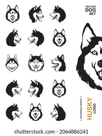 Husky set. Black and white illustration of a husky dog. Collection of pedigree dogs. Vector drawing of a pet. Tattoo illustration. Advertising medium, husky logo. Vector dog set.