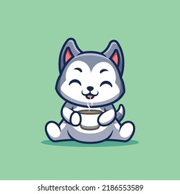 Husky Sitting Drink Coffee Cute Creative Kawaii Cartoon Mascot Logo