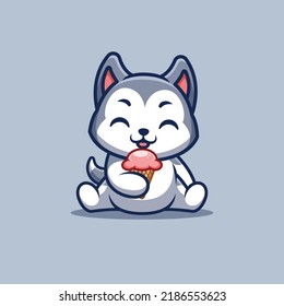 Husky Sitting Eating Ice Cream Cute Creative Kawaii Cartoon Mascot Logo